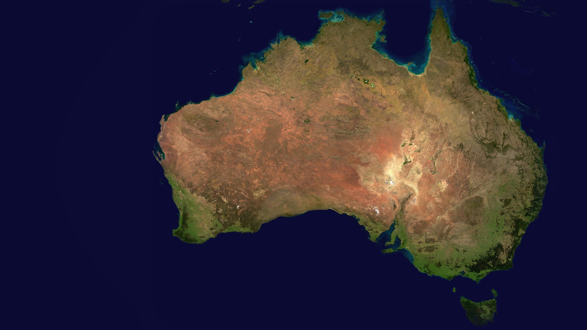 A true-colour satellite view of the Australian continent from space