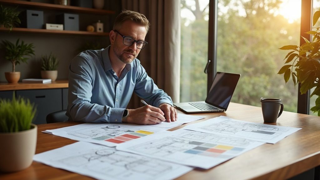 An experienced Australian property advisor at a warm timber desk reviewing several building quotes and architectural house plans, acting as a builder broker.
