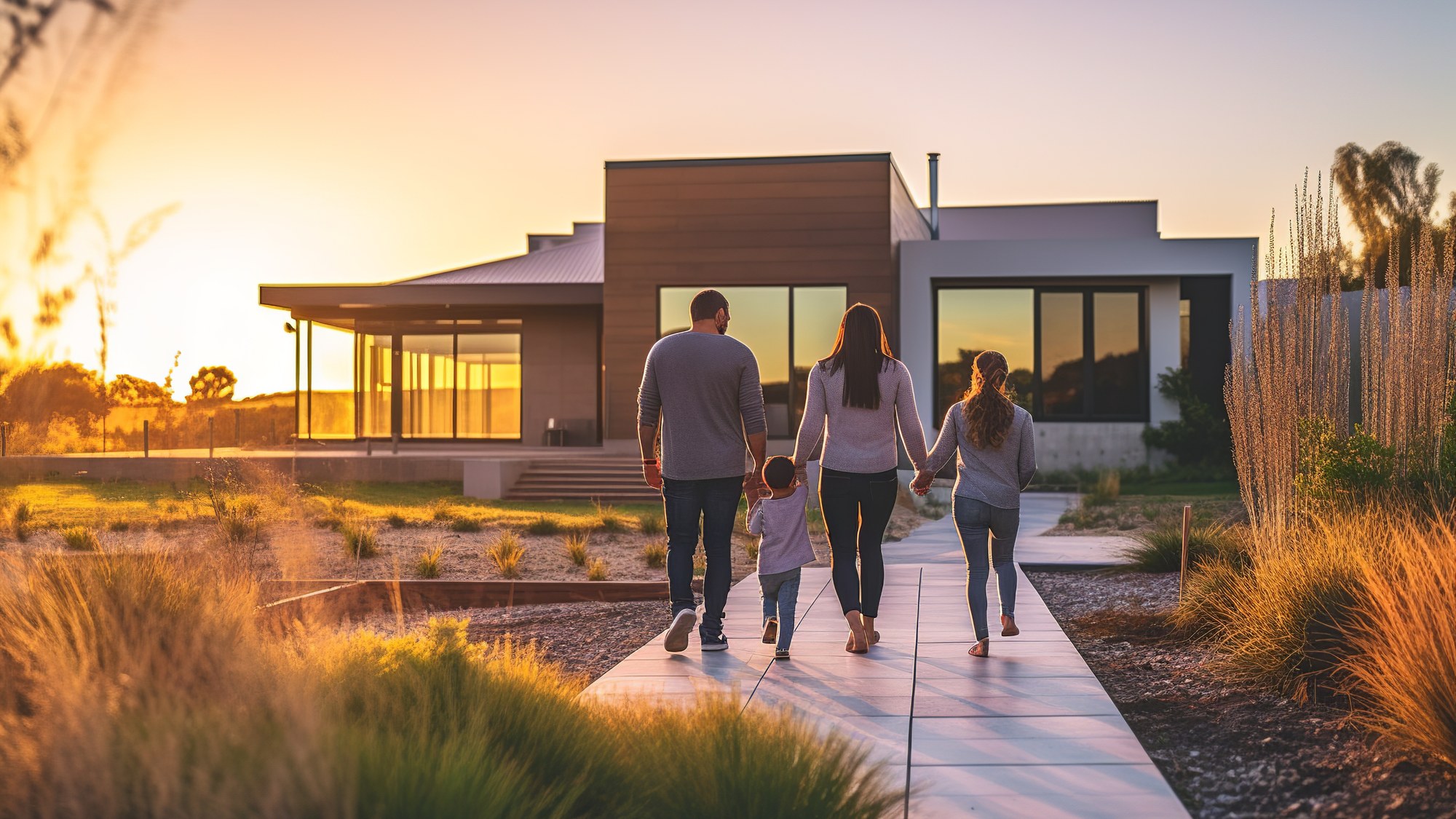 A family of four walking together toward a modern Australian home at sunset, seen from behind.