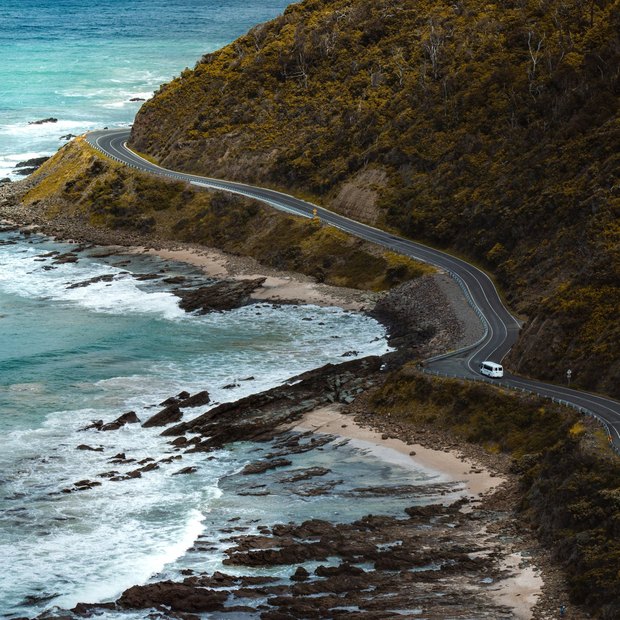 Aerial view of the Great Ocean Road near Lorne, Victoria.