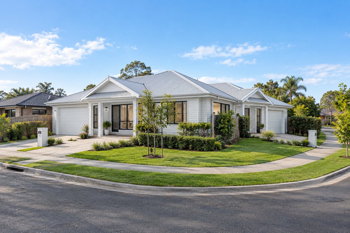A single storey Australian duplex on a corner block with two street frontages