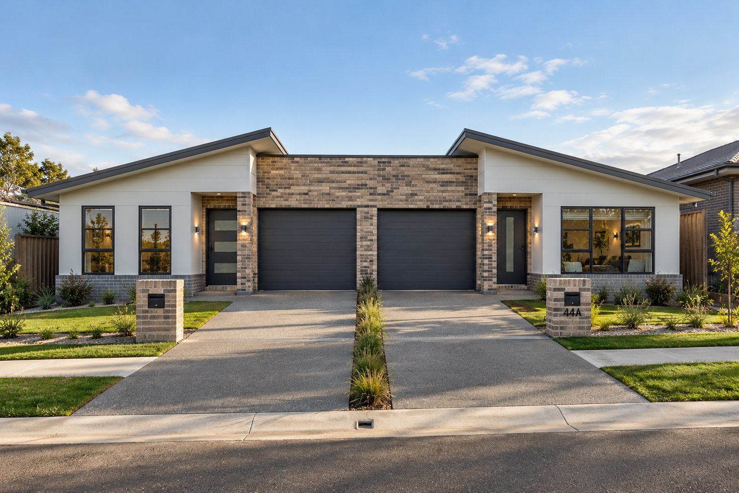 A single storey Australian duplex with two front doors, two garages and two driveways